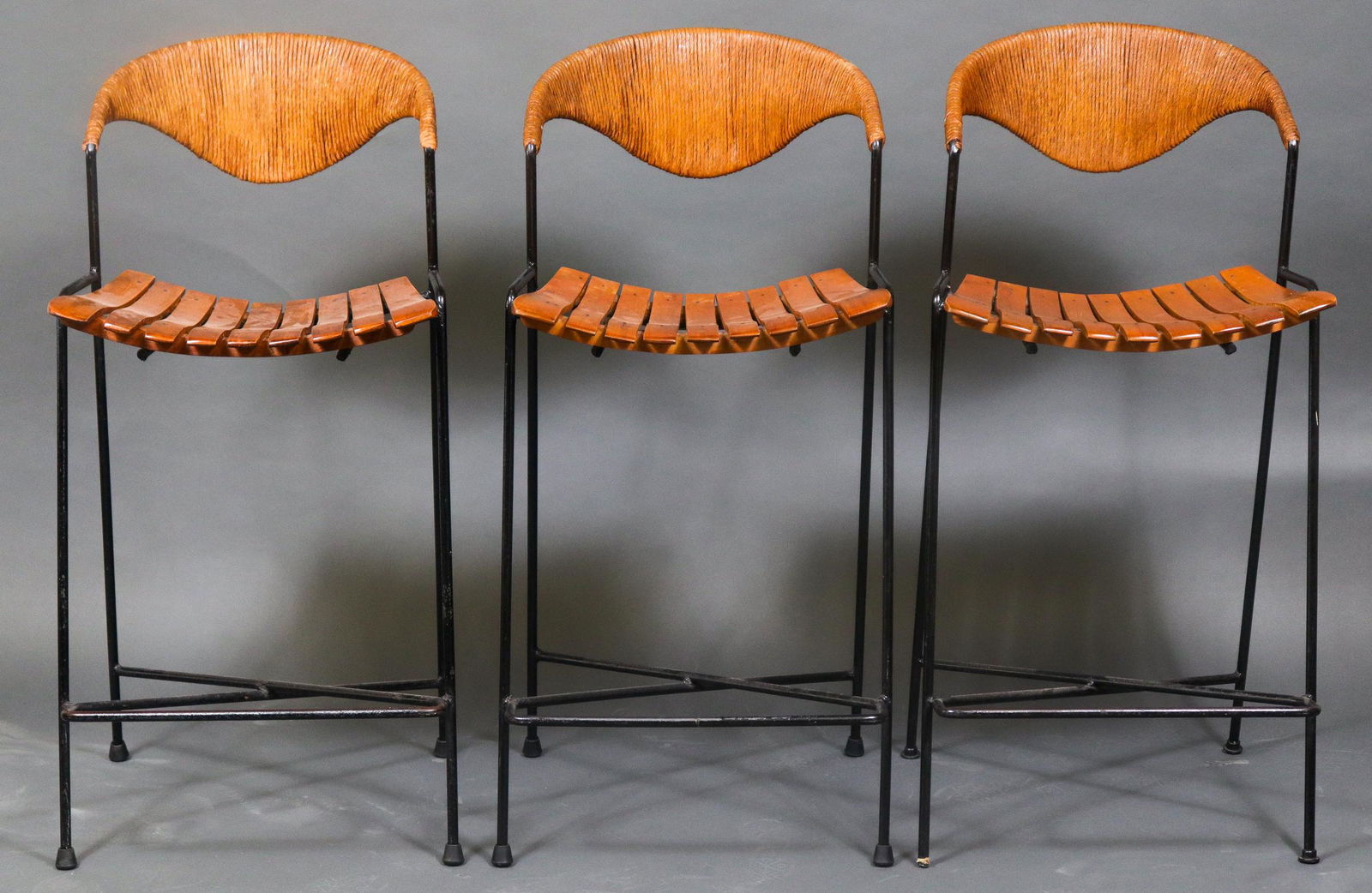 Arthur Umanoff Rattan & Wood Slat Bar Stools, 3 (1 of 8)