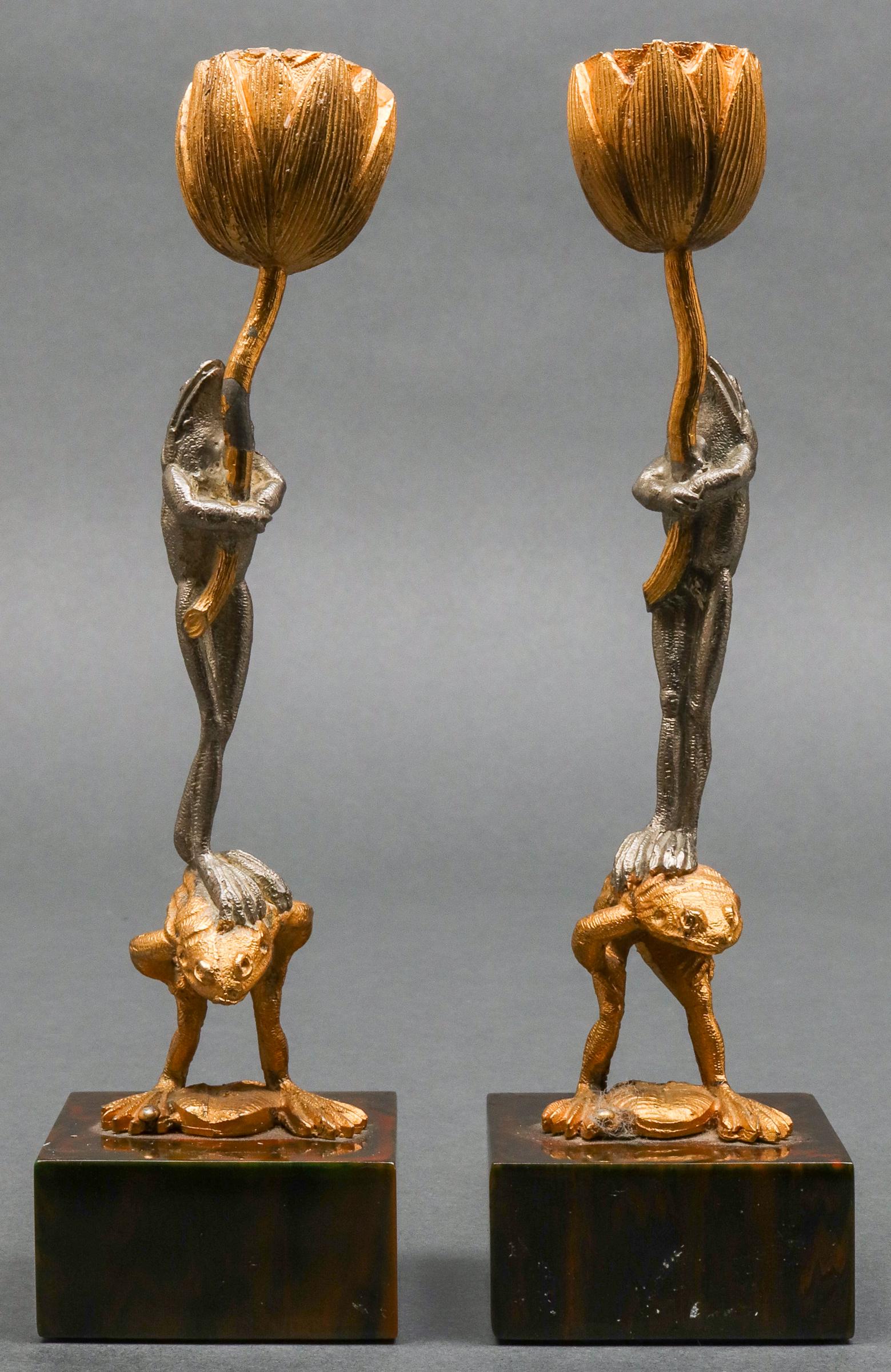 Art Nouveau Frog & Lily Gilt Metal Candlesticks Pr (1 of 10)