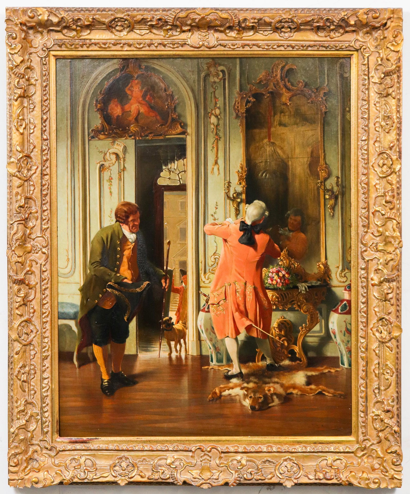 Stephen Lewin "Royal Greeting" Oil on Canvas: Stephen Lewin (British, circa 1822 - 1912) oil on canvas depicting figures in upper-class period attire in lavish interior preparing for a meeting, bearing signature "S. Lewin" and date "88" lower rig