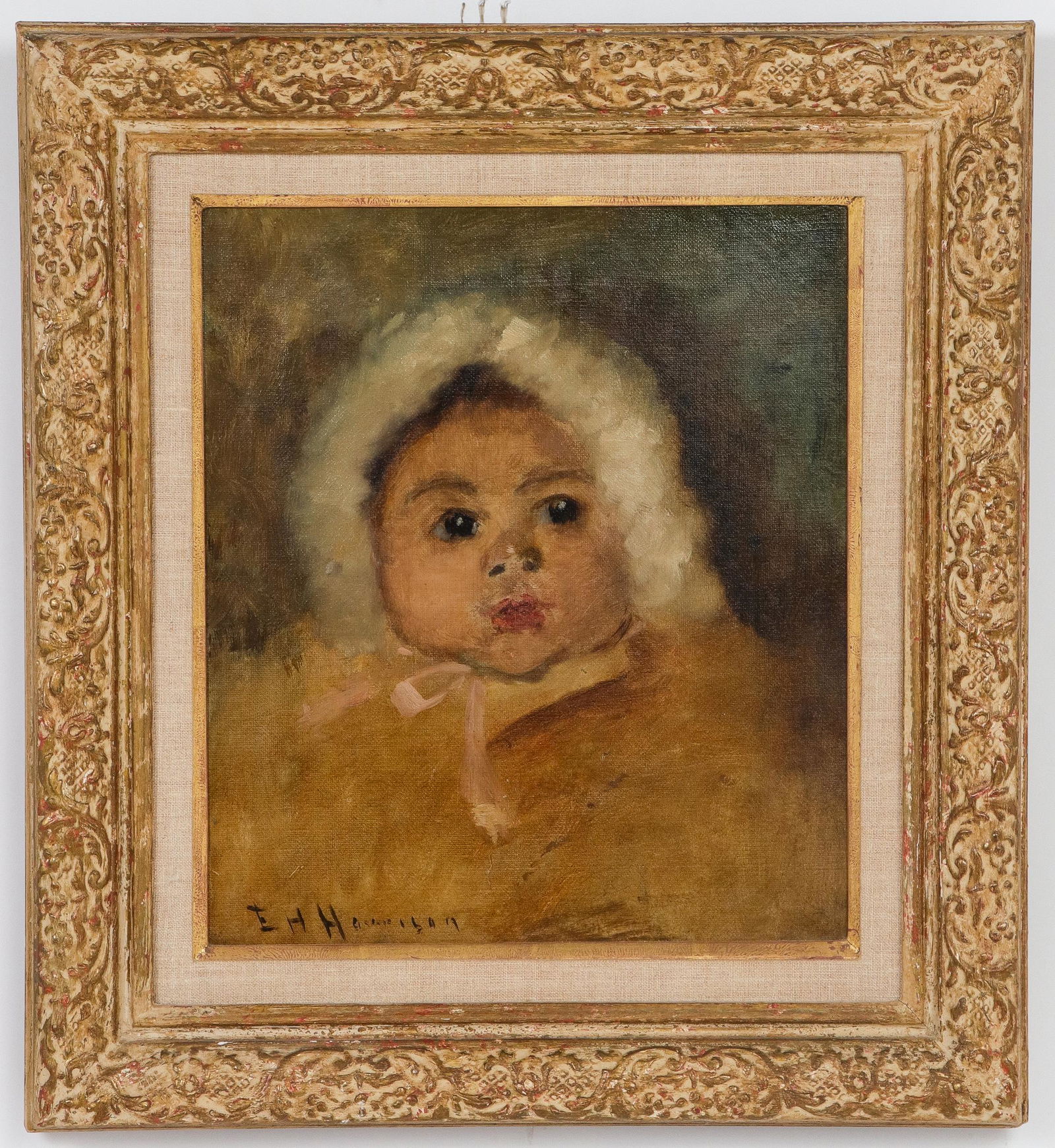 Elmer Hafdan Halvorson "Portrait of a Child" Oil: Elmer Hafdan Halvorson (b. 1916) "Portrait of a Child," oil on canvas, depicting baby in fur hooded garment, signed lower left: "E. H. Halvorson," housed in a Heydenryk frame with framer's label on re