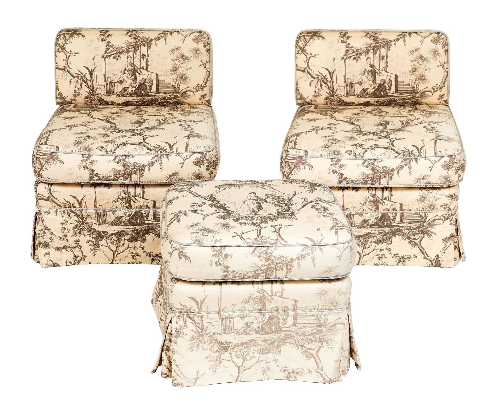 Chinoiserie Upholstered Low Chairs & Ottoman, 3 (1 of 10)