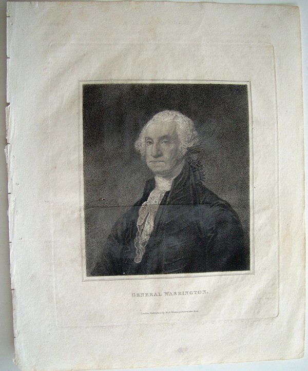 Engraved Portrait of George Washington c. 1780: GENERAL WASHINGTON. / London. Published by Rich.d Evans,17 Paternoster Row. Stipple engraving of George Washington from a portrait by American painter Gilbert Stuart (1755-1828). This is believed to b