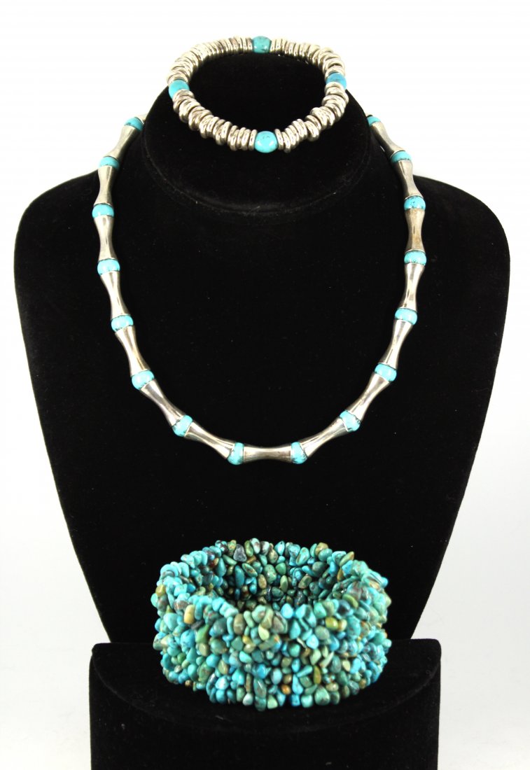 RLM Studio & Esposito Silver & Turquoise Jewelry 3: Three pieces modern contemporary sterling silver and turquoise jewelry comprising: Robert Lee Morris designer silver flared barrel bead and round turquoise bead necklace with "S" hook clasp, Joseph Es