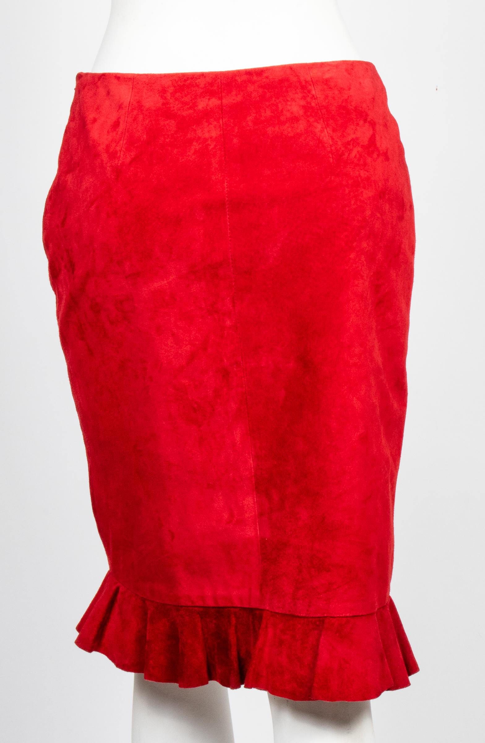 Betsy Johnson Red Suede Ruffled Pencil Skirt (1 of 5)