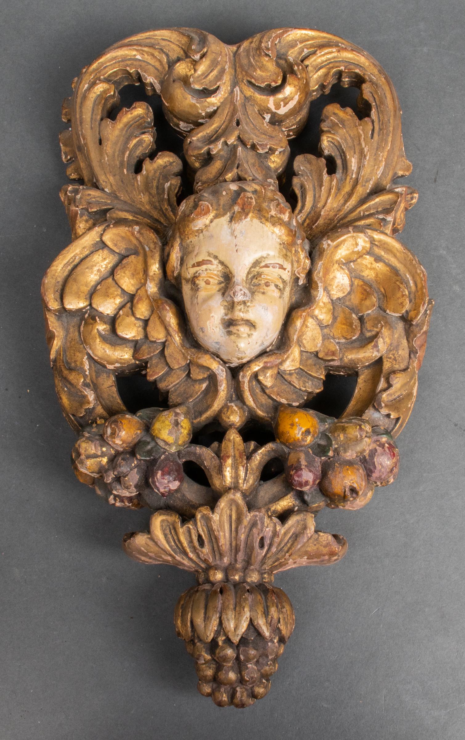 Gilt & Polychrome Wood Cherub Wall Plaque (1 of 3)
