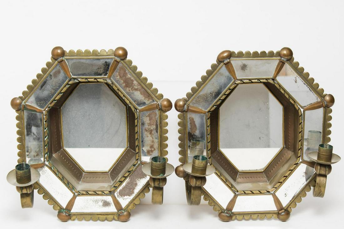 Mexican Brass & Mirror Shadowbox Candelabra, Pair (1 of 2)