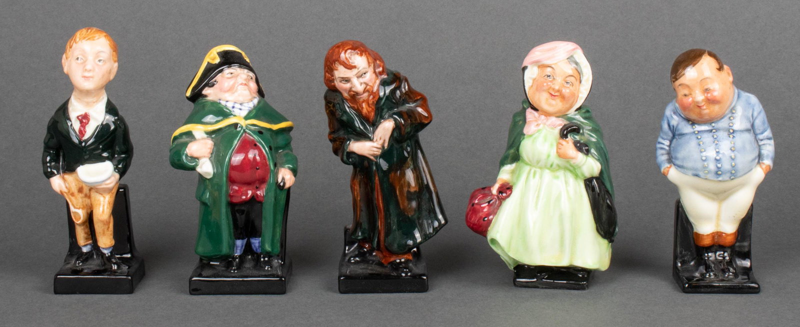 Royal Doulton England Figures, Group of 5: Royal Doulton England Figures, group of five, comprising "Bumble," "Fat Boy," " Sairey Gamp," "Fagin," and "Oliver Twist," each marked to underside. Each approx: 4.25" H.