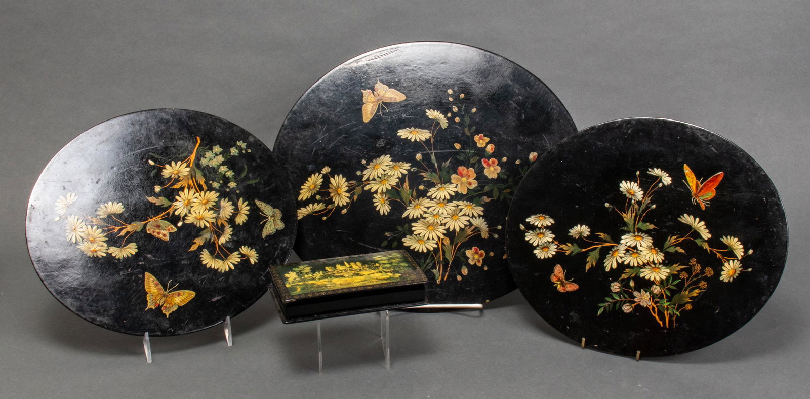 Victorian Manner Painted Lacquer Plaques & Box, 4 (1 of 6)
