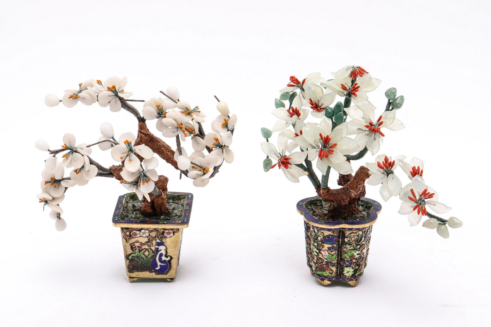 Chinese Hardstone Trees In Champleve Pots, Pair (1 of 3)