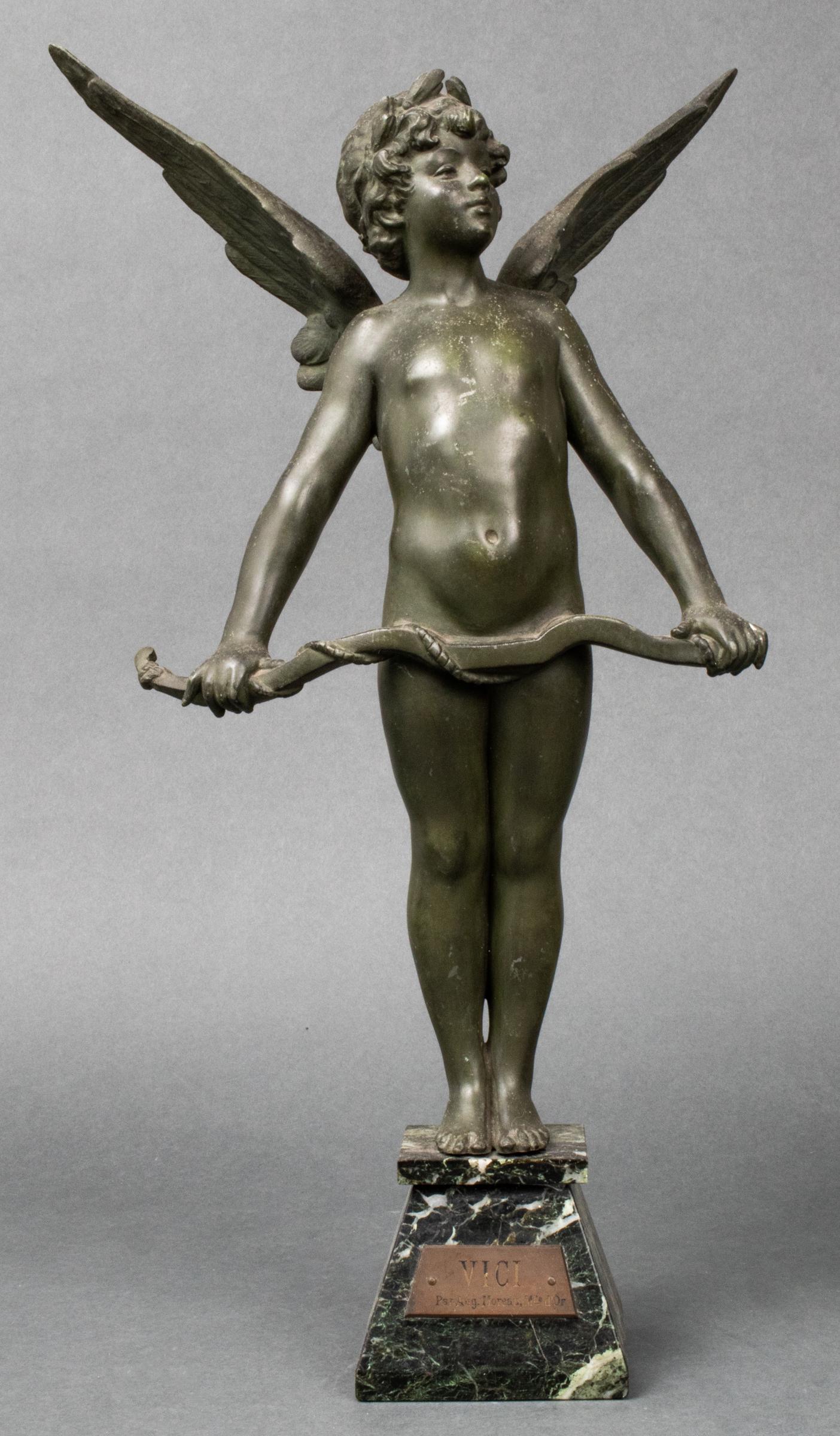 After Auguste Moreau "Vici" Cupid Sculpture: After Auguste Moreau (French, 1834-1917) "Vici," cast metal sculpture depicting a winged Cupid holding bow in search of his next target, mounted to marble plinth base, plaque inscribed: "Vici Par Aug.