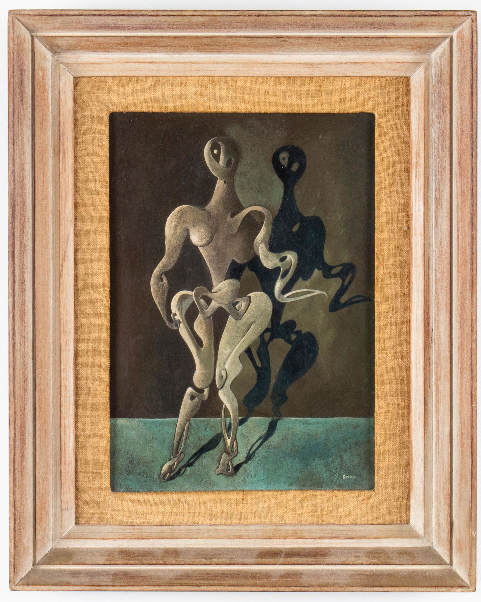 Georges Spiro Surrealist Oil on Board: Georges Spiro (Polish-French, 1909-1994) oil on board, Surrealist depiction of stylized skeletal figure and its shadow, signed lower right: "Spiro." Image: 9.5" H x 6.75" W; frame: 14.5" H x 11.625" W