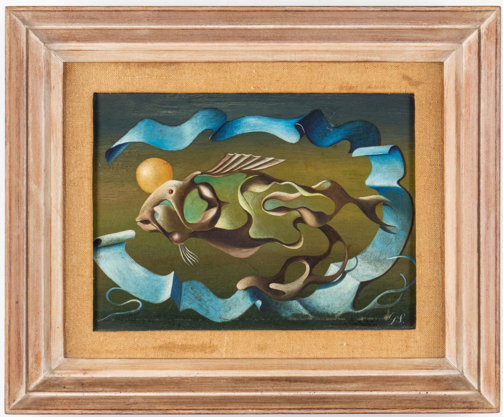 Georges Spiro Surrealist Oil on Board: Georges Spiro (Polish-French, 1909-1994) oil on board, Surrealist depiction of fish composed of ribbon-like forms, signed lower right: "G. Spiro." 7" H x 9.5" W; frame: 11.75" H x 14.5" W x 1.5" D.