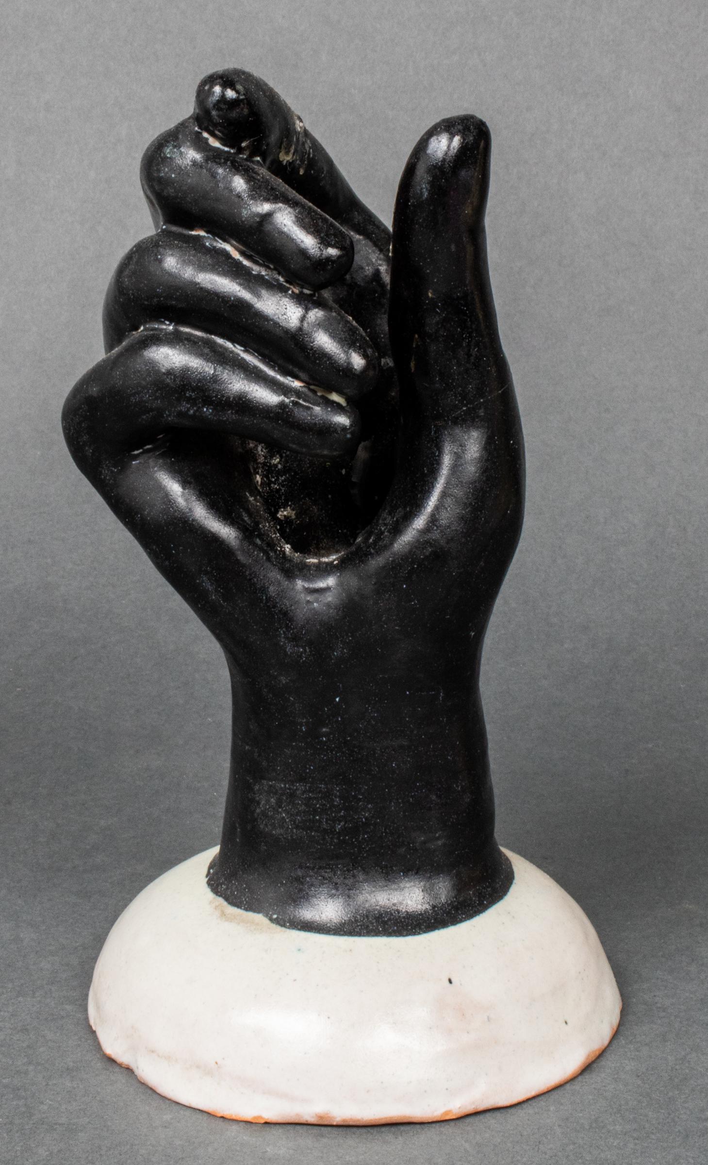 Vietri Italian Earthenware Pottery Hand Sculpture: C.A.S. Vietri Italian earthenware pottery sculpture of a hand / candleholder, marked underside. 7.5" H x 4.25" diameter.