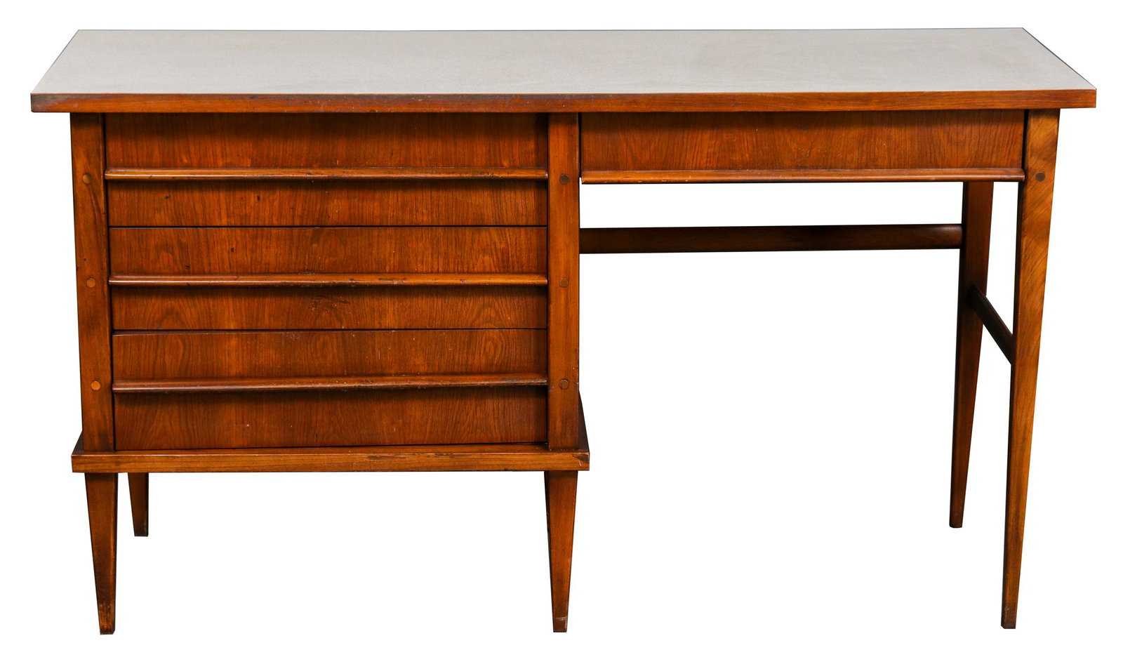 Kent Coffey "The Simplicite" Modern Desk: Kent Coffey mid-century modern desk, with three side drawers and one center drawer, laminate top, branded to upper left drawer "Kent Coffey The Simplicite." 31.75" H x 56" W x 19" D.