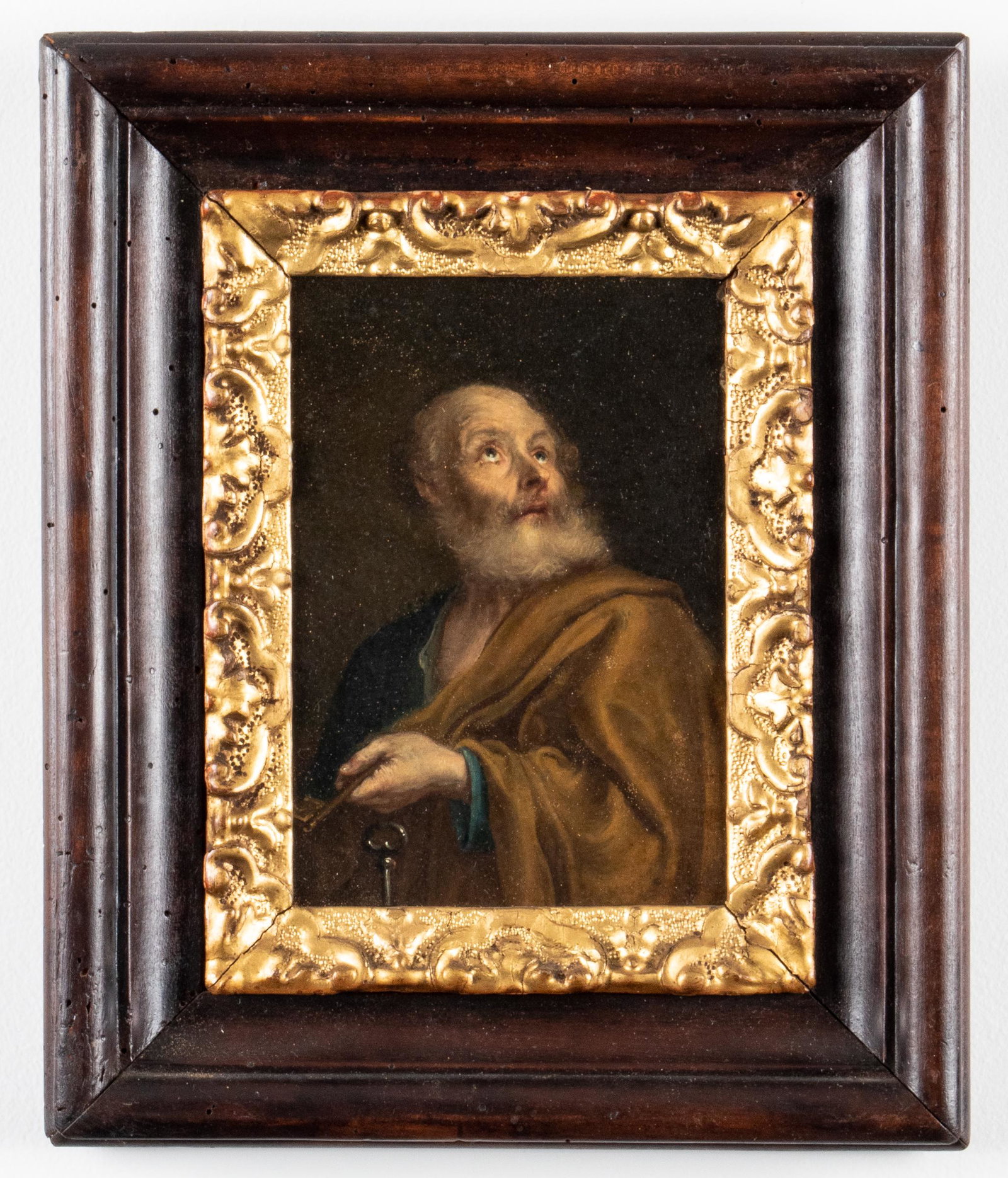Old Master School "St. Peter" Oil on Board: Italian Old Master school oil on board, depicting Saint Peter with the Keys of Heaven, in the manner of Guido Reni. Image: 6.125" H x 4.25" W; frame: 11" H x 9" W x 1" D. Provenance: Removed from a pr