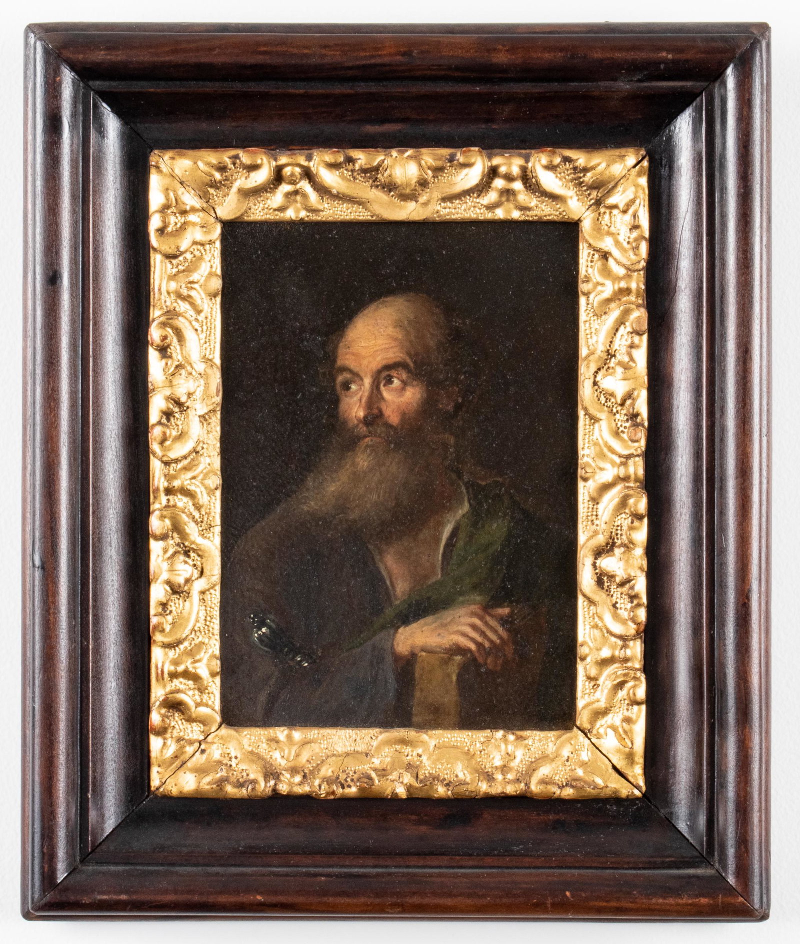 Old Master School "St. Paul" Oil on Board: Italian Old Master School oil on board, depicting St. Paul with the book of the New Testament, in the manner of Guido Reni. Image: 6" H x 4.25" W; frame: 10.75" H x 9" W x 1.125" D. Provenance: Remove