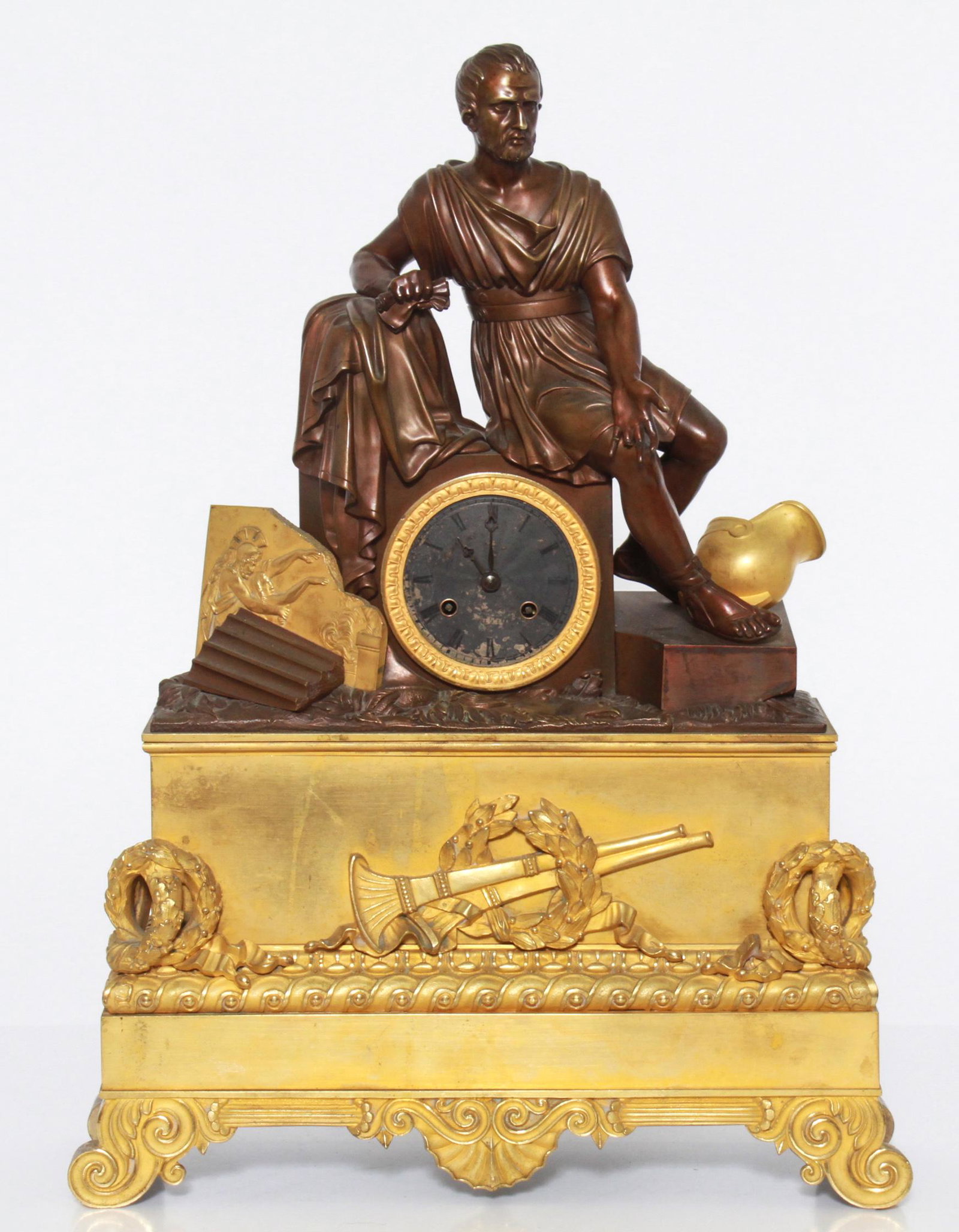 Neoclassical Manner Dore Bronze Mantel Clock, 19 C: 19th century French dore and patinated bronze figural mantel clock, depicting a seated Roman soldier clenching a scroll and gesturing over an ormolu and bronze dial, on sculptural relief ground and a 