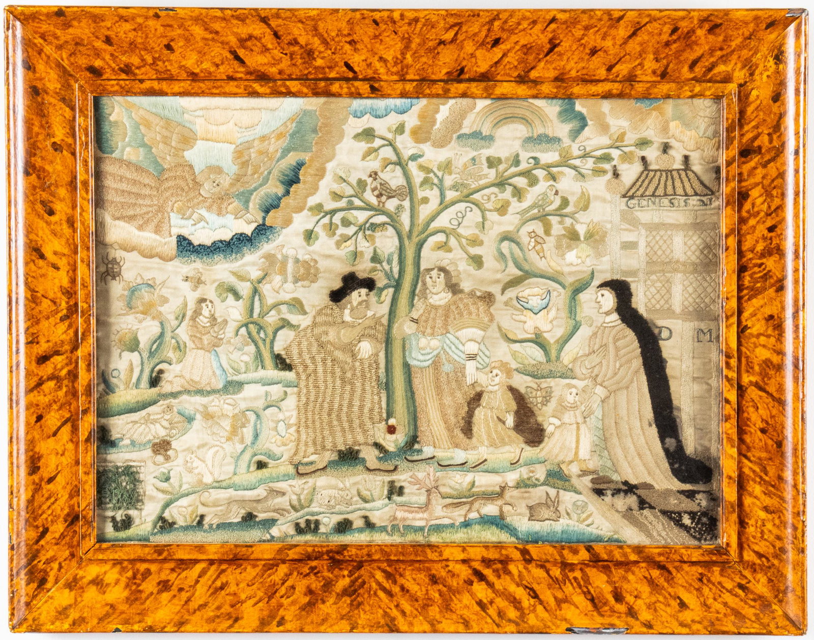 17th C. Silk Stumpwork Picture of Genesis 21: Silk stumpwork / early needlework embroidered picture, English, 17th century, heavily decorated with figures from the biblical allegory "The Birth of Isaac," between large flowers with various animals