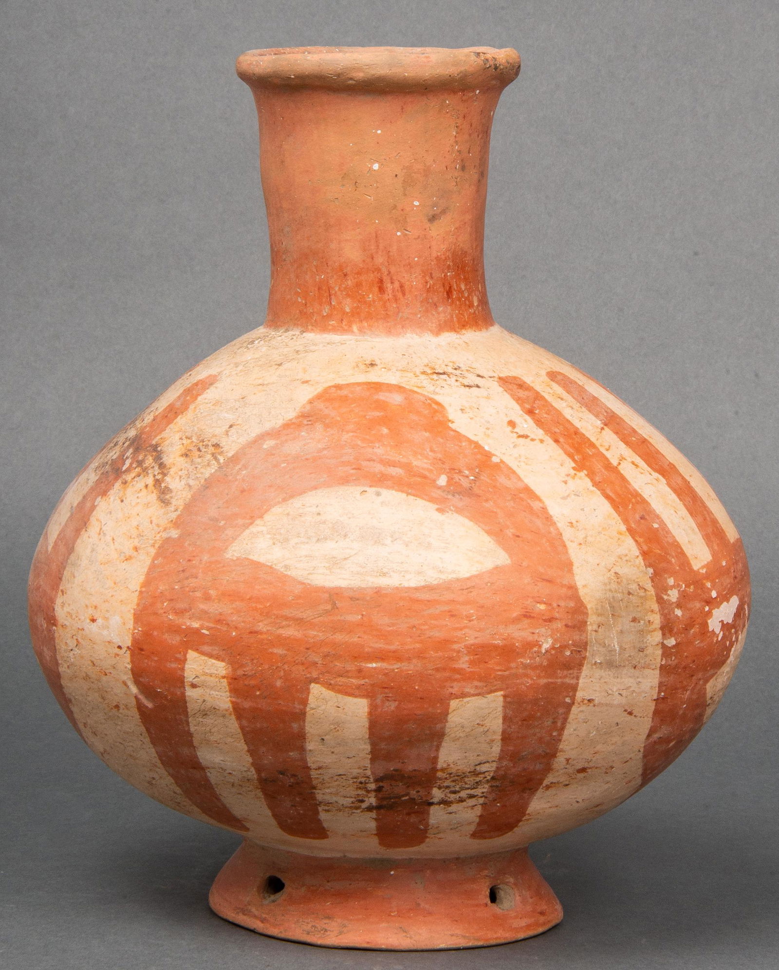 Quapaw Red & White Painted Pottery Water Vessel: Quapaw painted pottery footed water bottle, with red and white symbolic decoration. 10" H x 8.75" diameter.