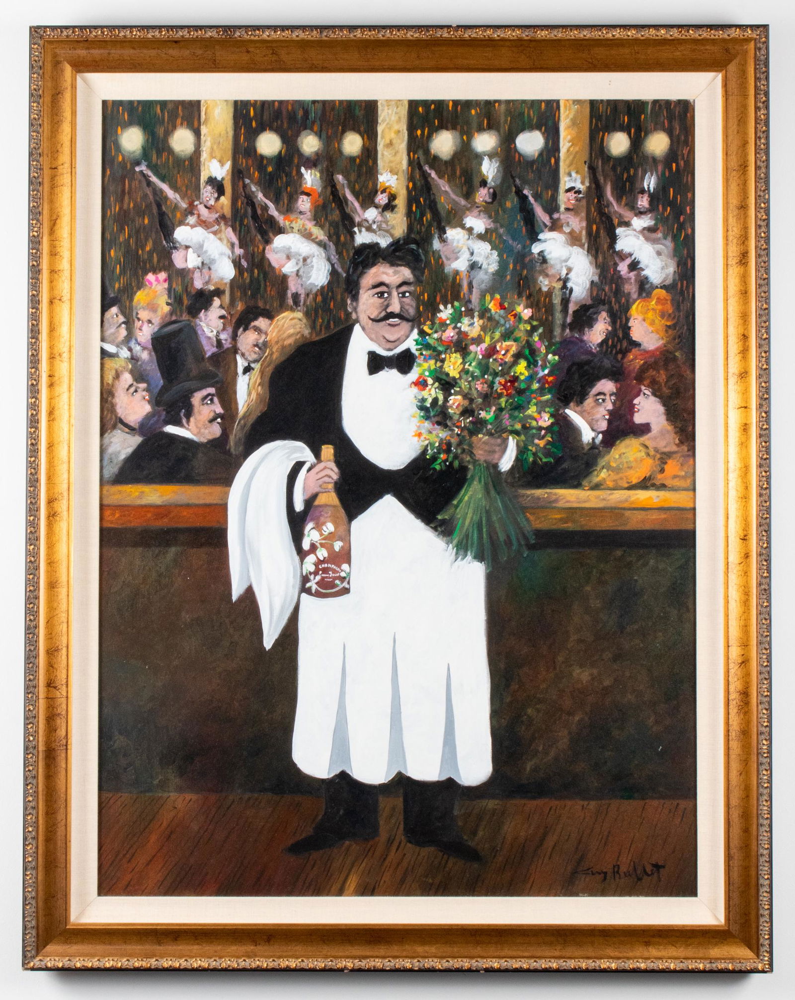 Guy Buffet "At the Moulin Rouge" Oil on Canvas: Guy Buffet (French, b. 1943) "At the Moulin Rouge," oil on canvas, 2000, depicting waiter holding flowers with ladies dancing the Can-Can in the background, signed lower right, signed, dated, and titl
