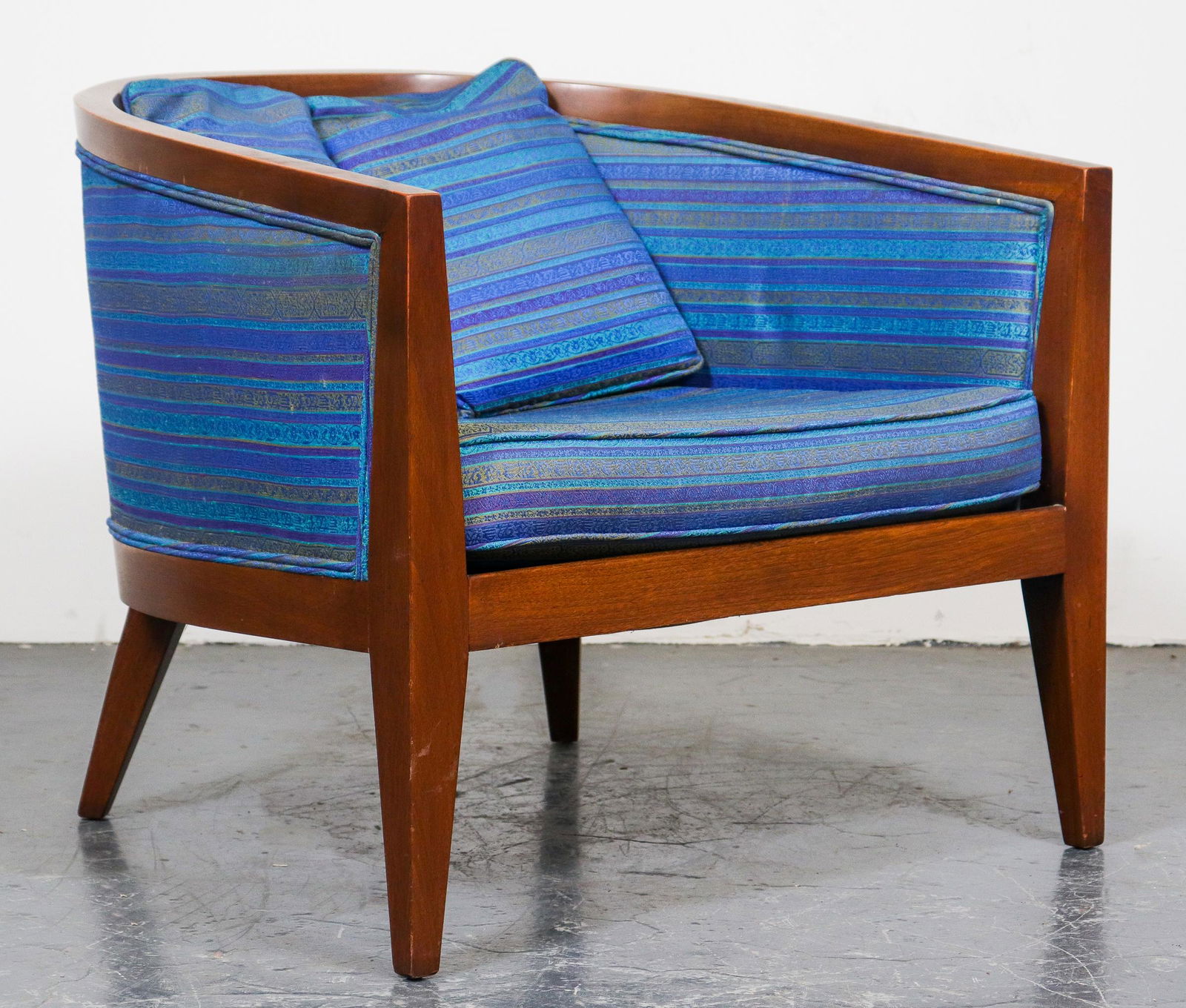 Erwin Lambeth John Stuart Mid-Century Modern Chair: Erwin Lambeth for John Stuart American mid-century modern barrel back armchair, walnut frame with original blue striped upholstery and pillow, label beneath cushion "John Stuart Inc New York Grand Rap