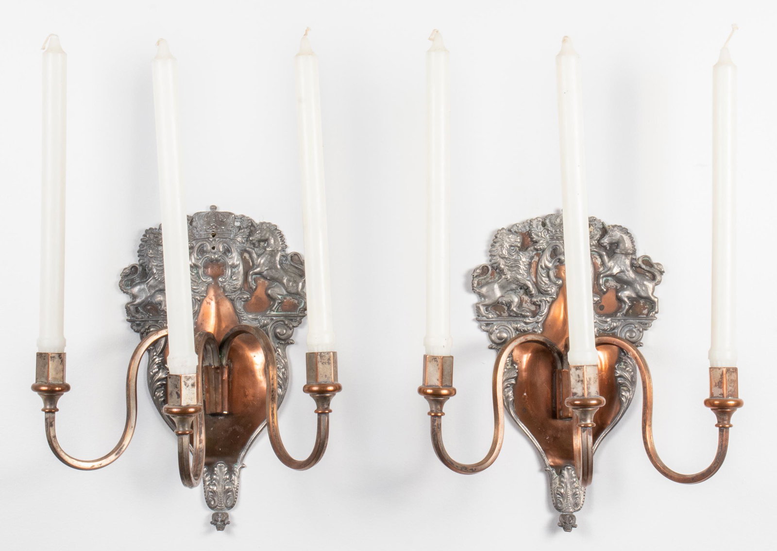 Sheffield Mixed Metal Heraldic 3-Arm Sconce Pr: Pair of Sheffield three arm copper and pewter sconces, with shield form back plate depicting a crown flanked by rearing lion and unicorn, with removable arms, hallmarked with crossed keys, crown and f