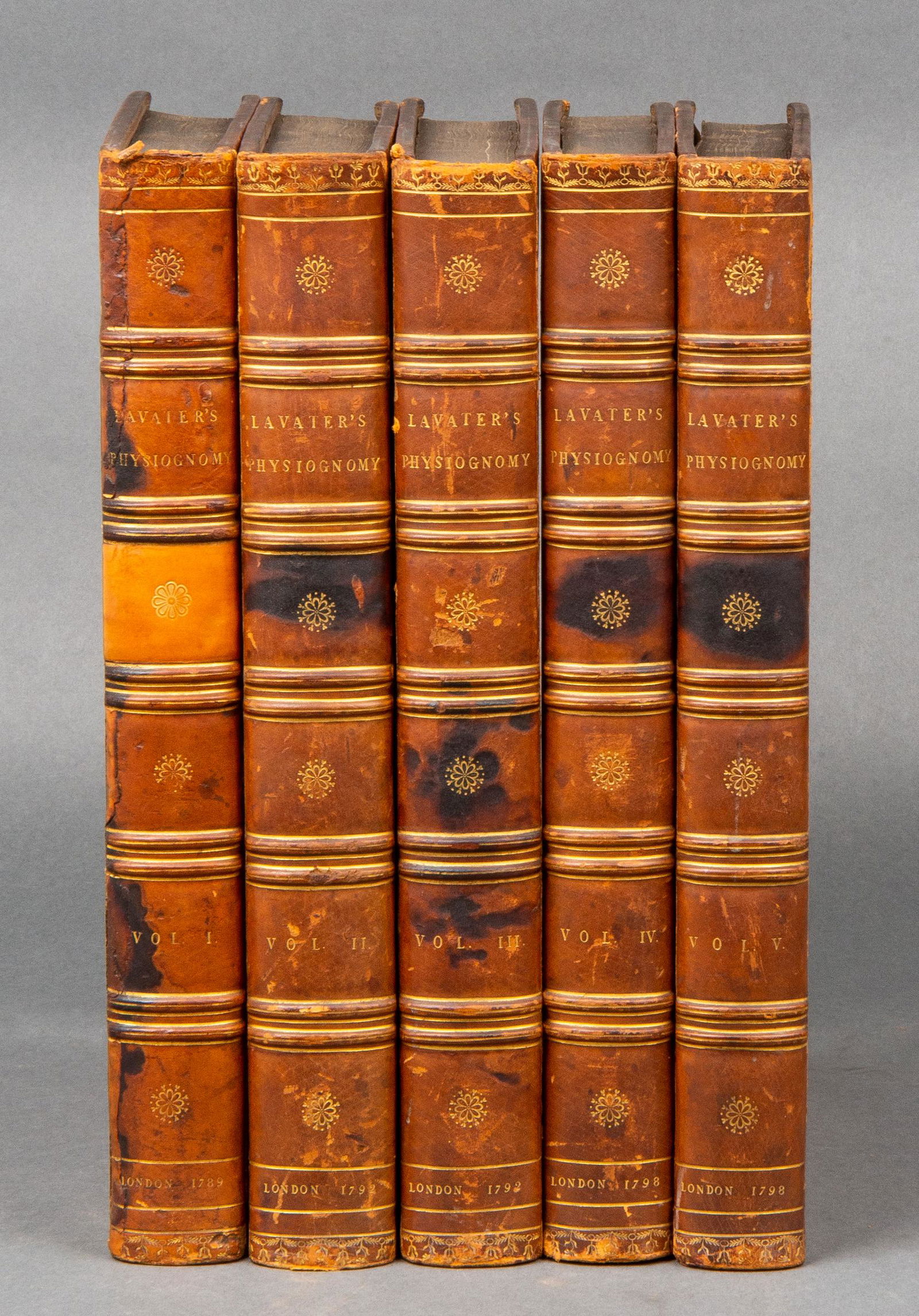 Lavater's Essays on Physiognomy, 5 Vol., 1789: John Caspar Lavater's "Essays on Physiognomy," 1789, first edition, London: for John Murray, H. Hunter, and T. Holloway, five volumes, full calf bound. Each approx: 13.75" H x 11.625" W x 1.75" D. Som