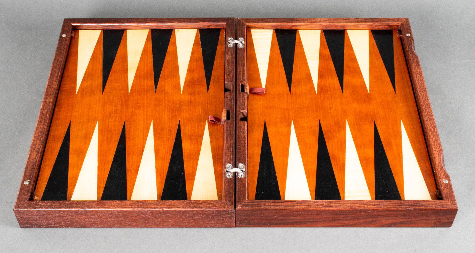 Vintage Avery Riverside & 65th Backgammon Set: Vintage Avery Riverside & 65th backgammon set, hinged case with magnetic closure, opens to handsomely inlaid board, panels lift to reveal gaming pieces and dice. Case (closed): 3.5" H x 15.5" W x 11.5