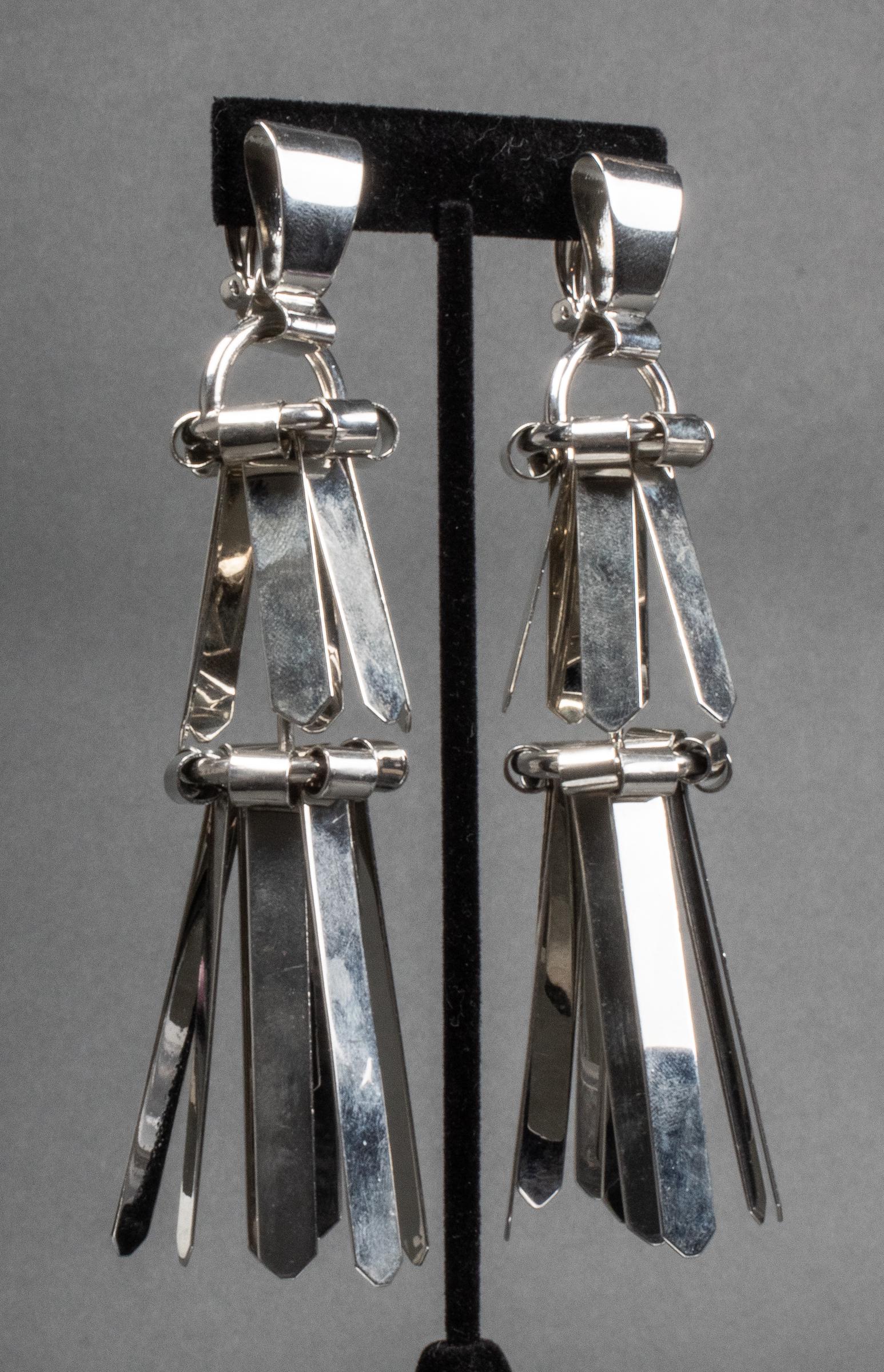 Etro Modern Chrome Two-Tier Dangle Earrings: Etro modern chromed metal clip-on earrings, with two-tiers of dangles, signed: "Etro." 4.75" H.