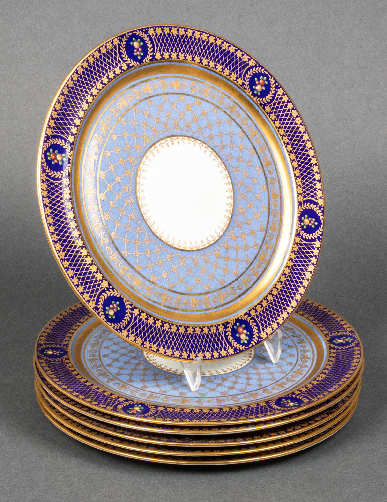 George Jones for Tiffany & Co. Porcelain Plates, 6: George Jones & Sons for Tiffany & Co. English porcelain plates, set of six, with ornate cobalt and gilt decoration, maker's marks underside. 8.75" diameter.
