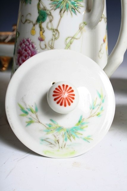 Chinese Guang Xu Teapot & 4 Stem Cups - 9