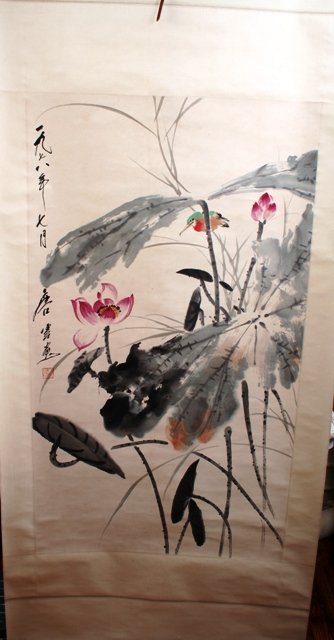Chinese Scroll by Tang Yun: Lotus & Bird 1978