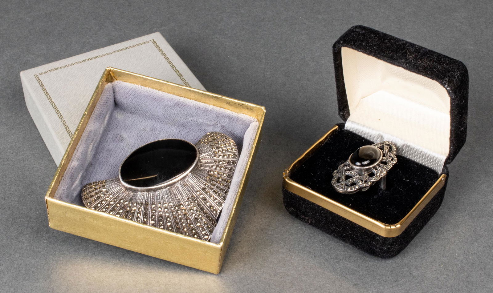 Silver, Onyx & Marcasite Brooch & Ring, 2 Pcs. (1 of 9)