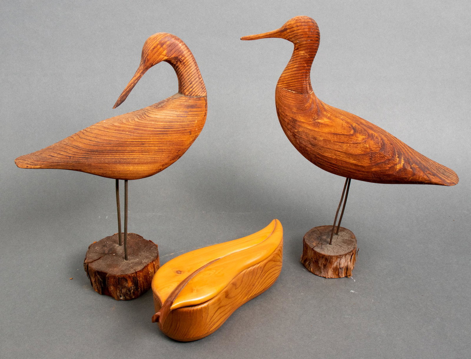 Carved Wood Bird Sculptures & Leaf Form Box, 3 (1 of 10)