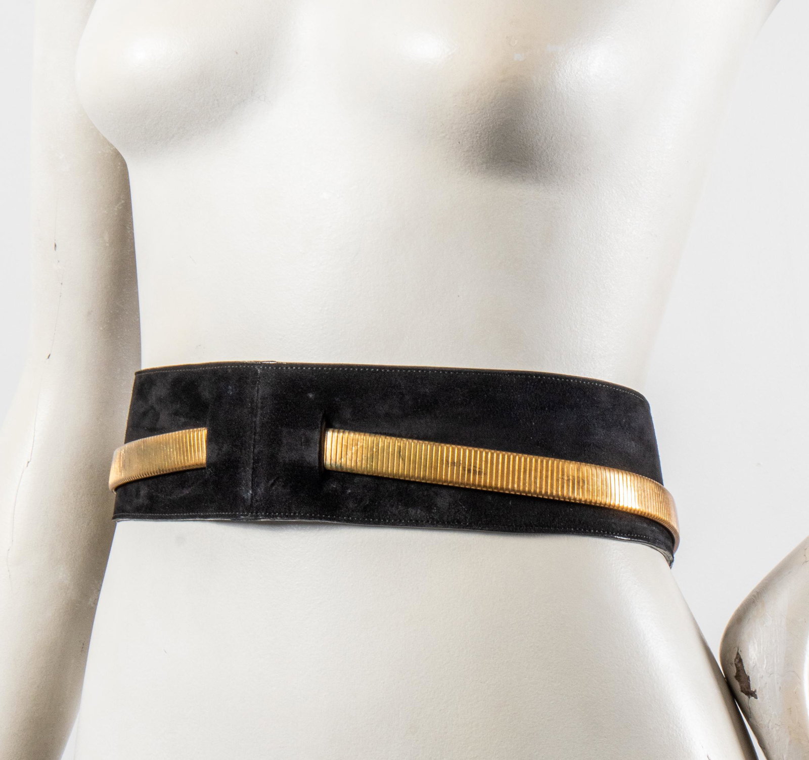Stephane Kelian Paris Black Suede & Gold Tone Belt: Stephane Kelian Paris gold-tone coil metal over black suede belt, label to interior "Stephane Kelian Paris / Made in France." 33.5" L x 2.5" W.