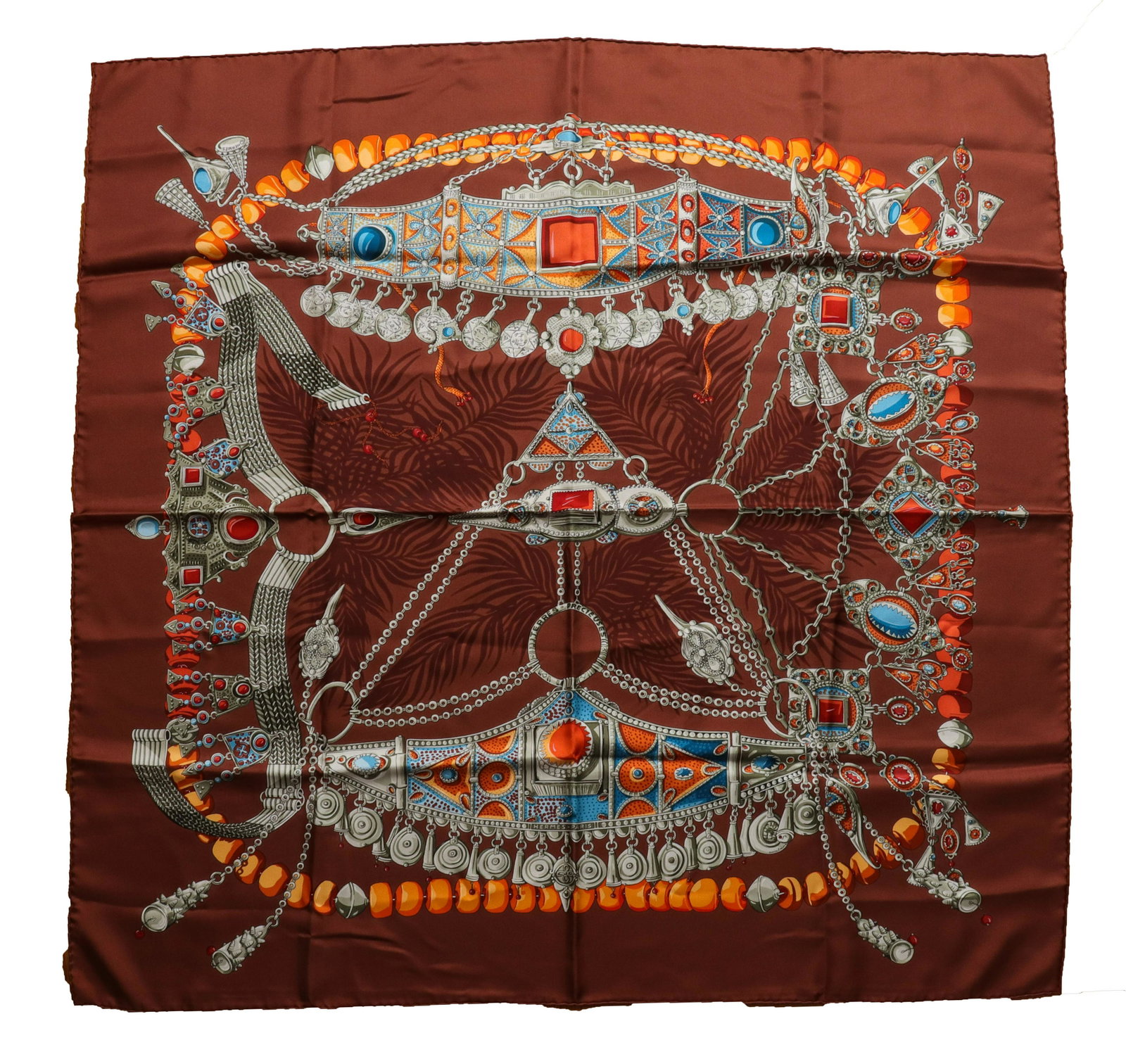 Hermes "Terres Precieuses" Silk Scarf: Hermes silk scarf, "Terres Precieuses," original design by Annie Faivre, jewelry and gemstone motif, signed: "Hermes Paris." 35" square.