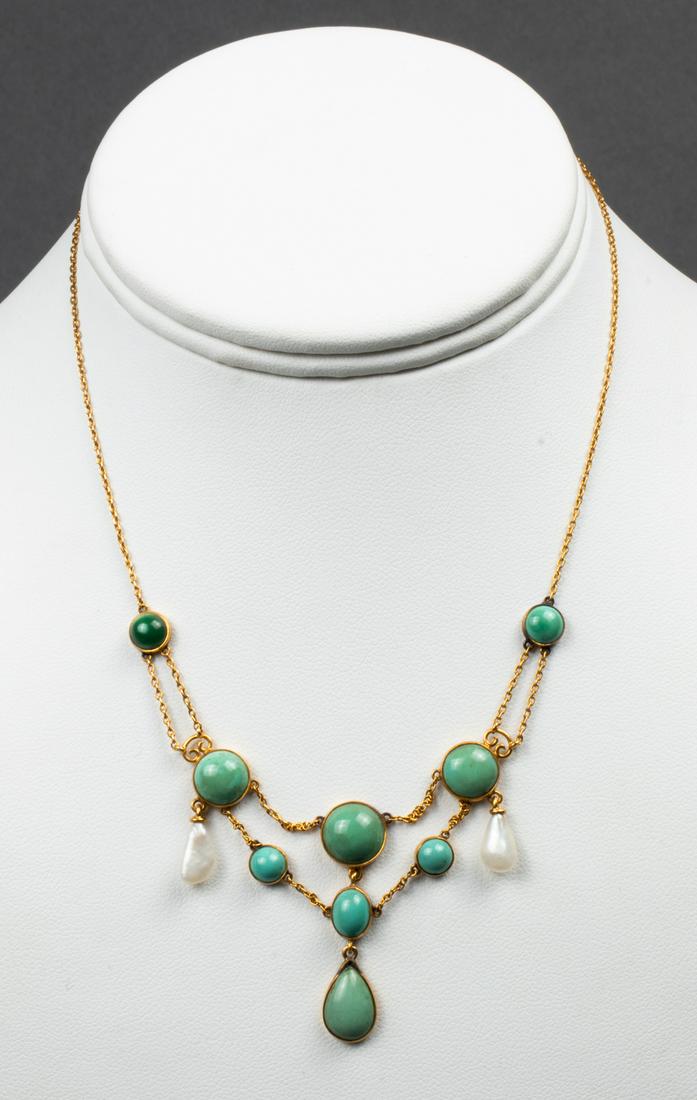 Vintage 14K Yellow Gold Turquoise & Pearl Necklace (1 of 4)