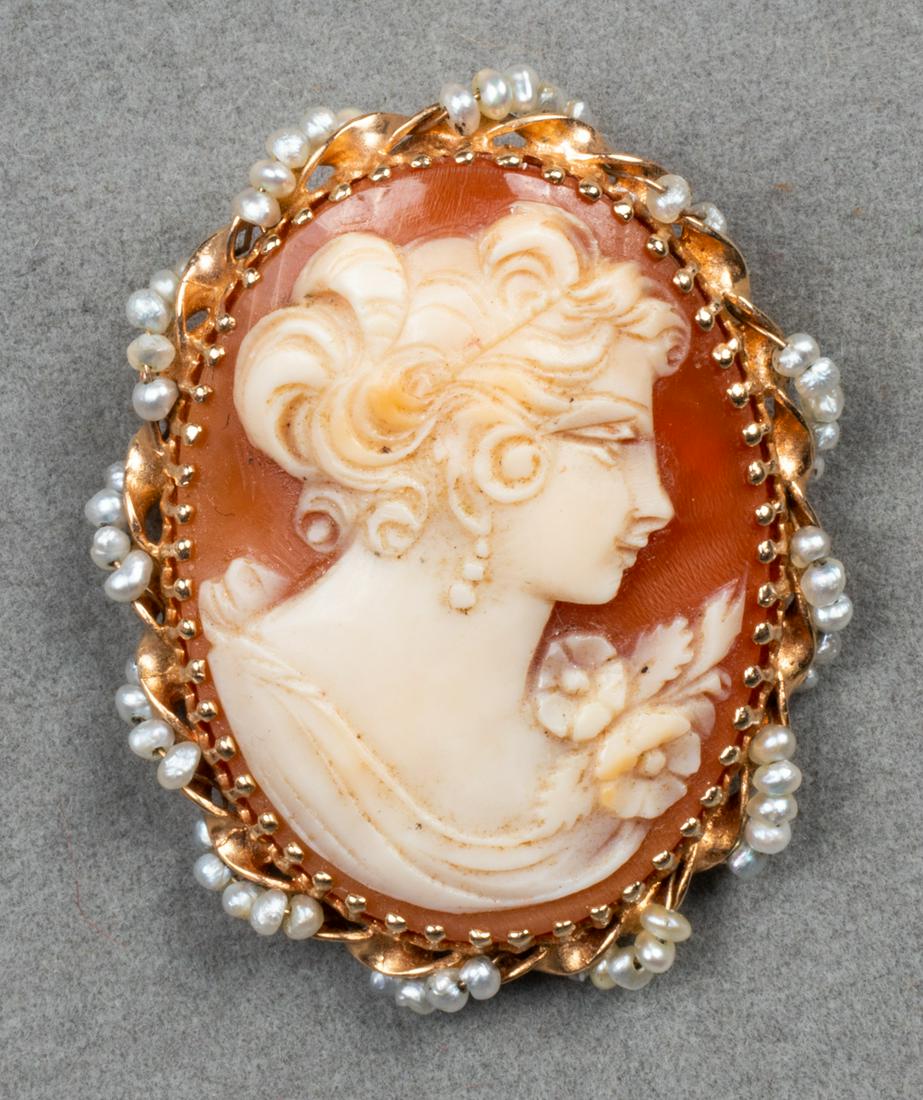 14K Yellow Gold Cameo & Seed Pearl Brooch/Pendant (1 of 5)