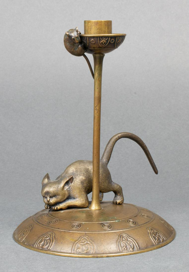 Arts & Crafts "Cat and Mouse" Bronze Candlestick (1 of 8)
