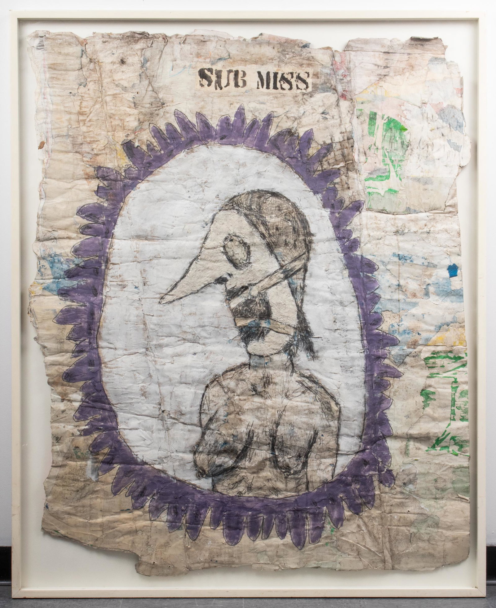 "Sub Miss" Mixed Media Street / Outsider Art: Sub Miss, Street Art / Outsider Art mixed media on found paper assemblage, depicting erotic nude figure in bondage at center with title stenciled above, floating mount in modern shadow box frame. Imag