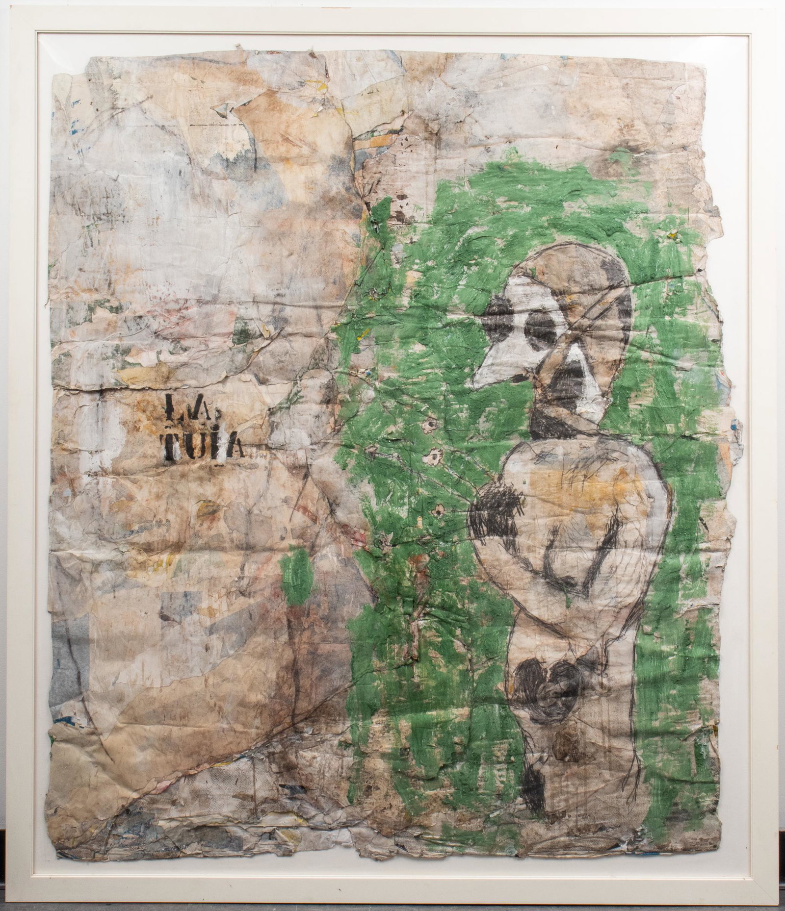 "La Tuia" Mixed Media Street / Outsider Art: La Tuia, Street Art / Outsider Art mixed media on found paper assemblage, depicting erotic nude figure in bondage at right with title stenciled at left, floating mount in modern shadow box frame. Imag