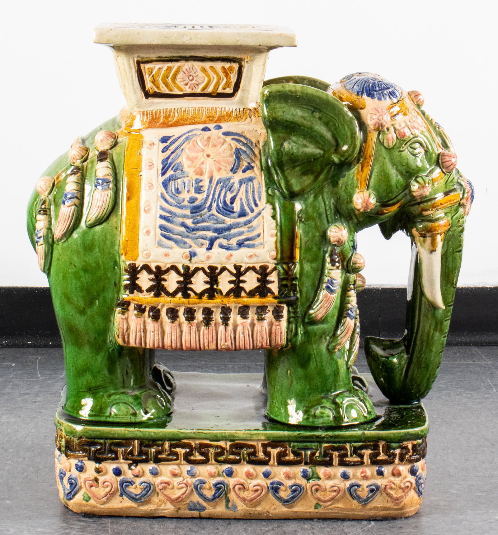 Large Asian Elephant Earthenware Garden Seat: Large Asian elephant glazed earthenware pottery garden seat / stool. 22.5" H x 19" L x 9" W.