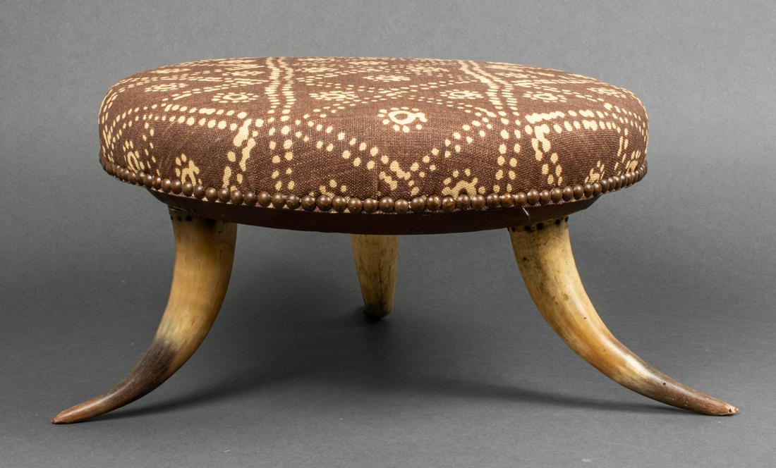 Vintage Steer Horn Tripod Upholstered Footstool (1 of 3)