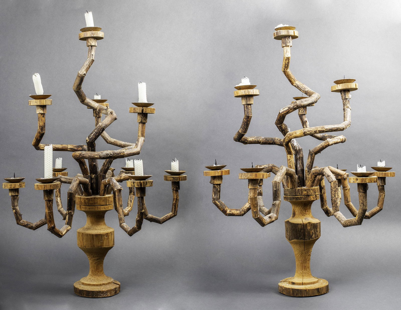 Folk Art Multi-Arm Wood Candelabra, Pair (1 of 10)