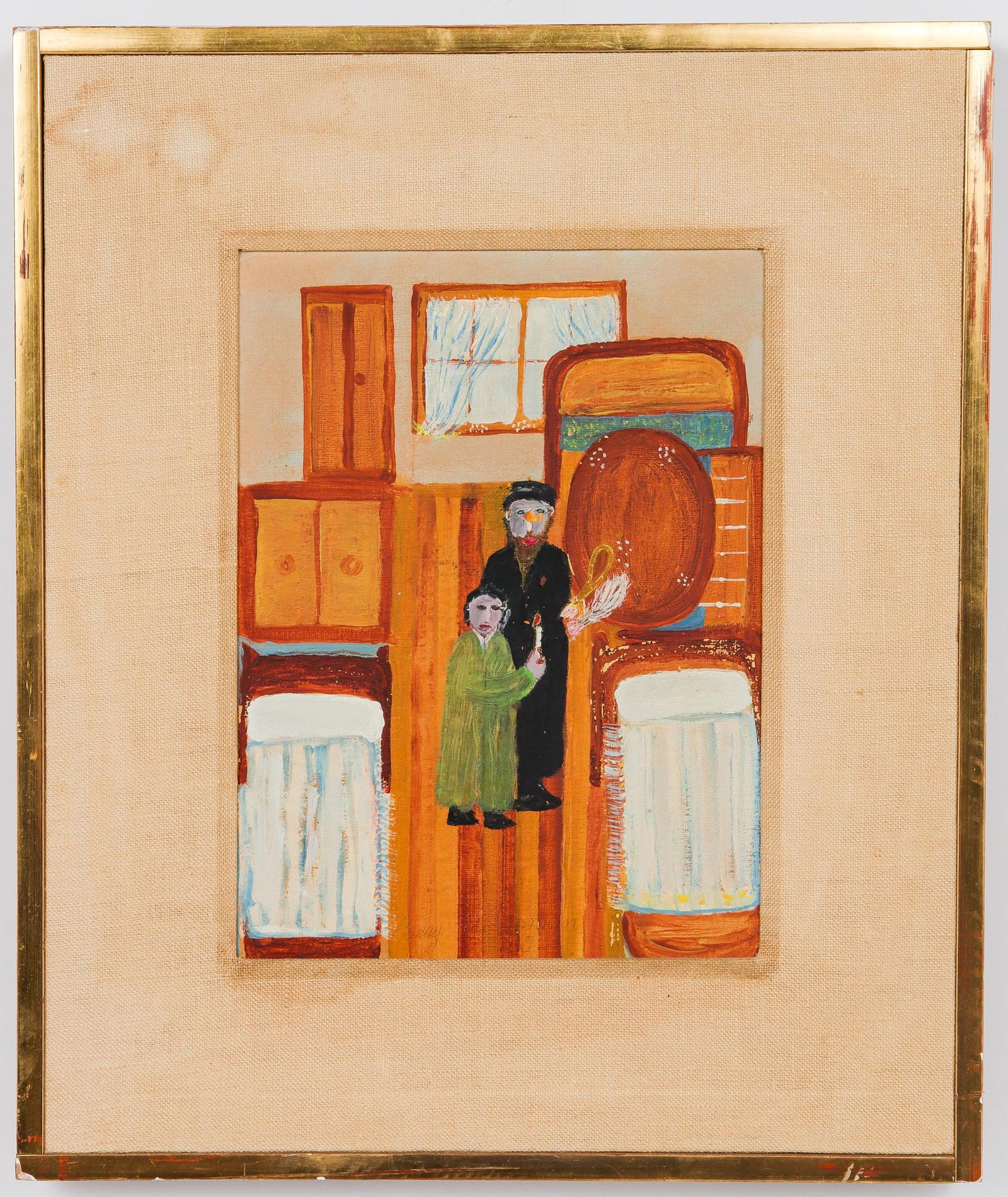 Illegibly Signed Judaica Folk Art Oil on Board (1 of 5)