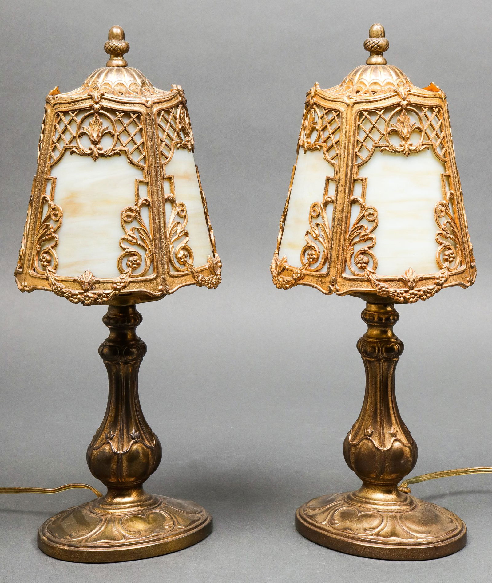Art Nouveau Caramel Slag Glass Boudoir Lamps, Pair (1 of 8)