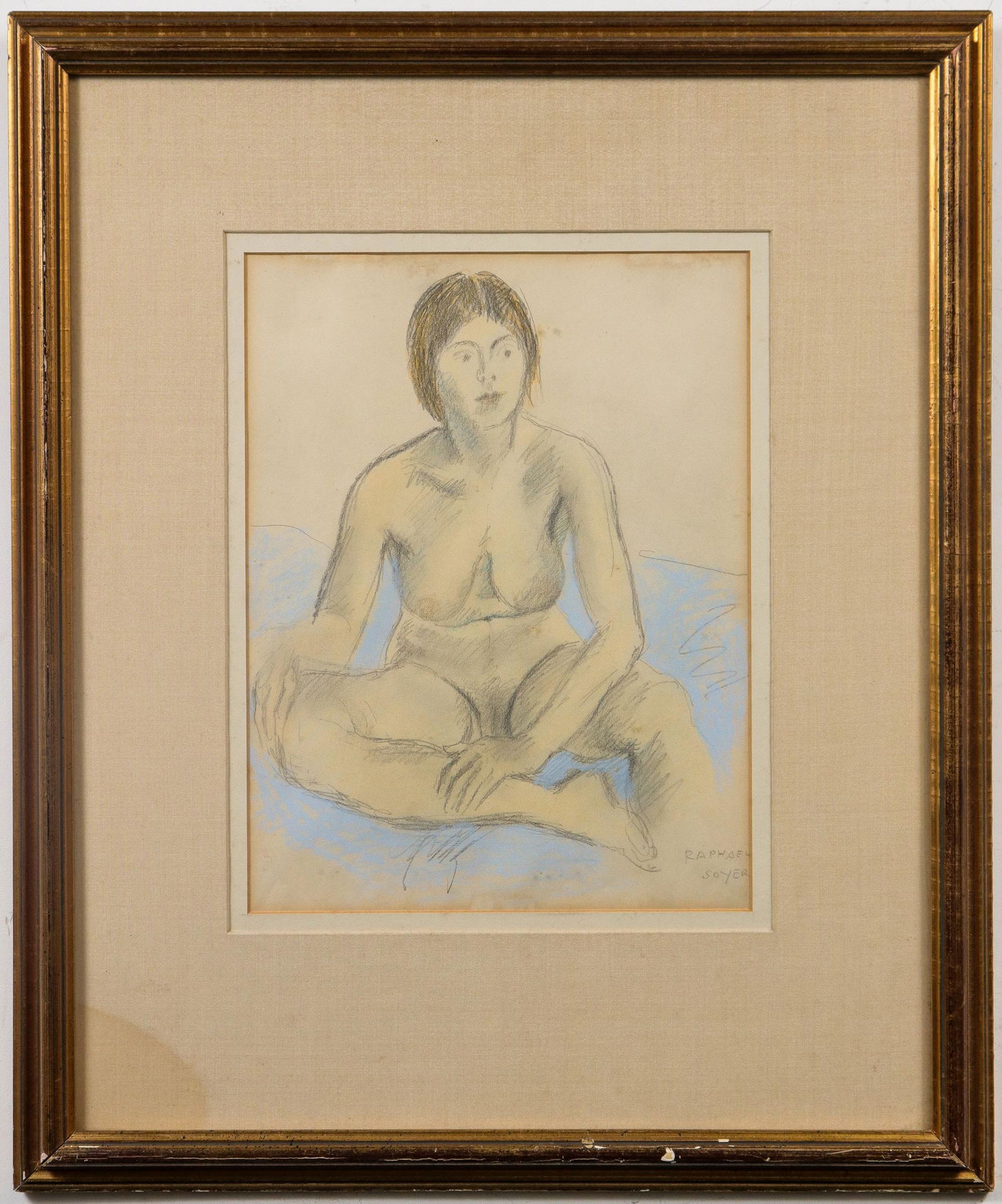 Raphael Soyer "Seated Nude" Mixed Media Drawing: Raphael Soyer (American, 1899-1987) "Seated nude," pastel and pencil drawing, signed in pencil lower right: "Raphael Soyer." Image: 13.5" H x 10.25" W; frame: 24.125" H x 20" W x 1" D. Light toning at