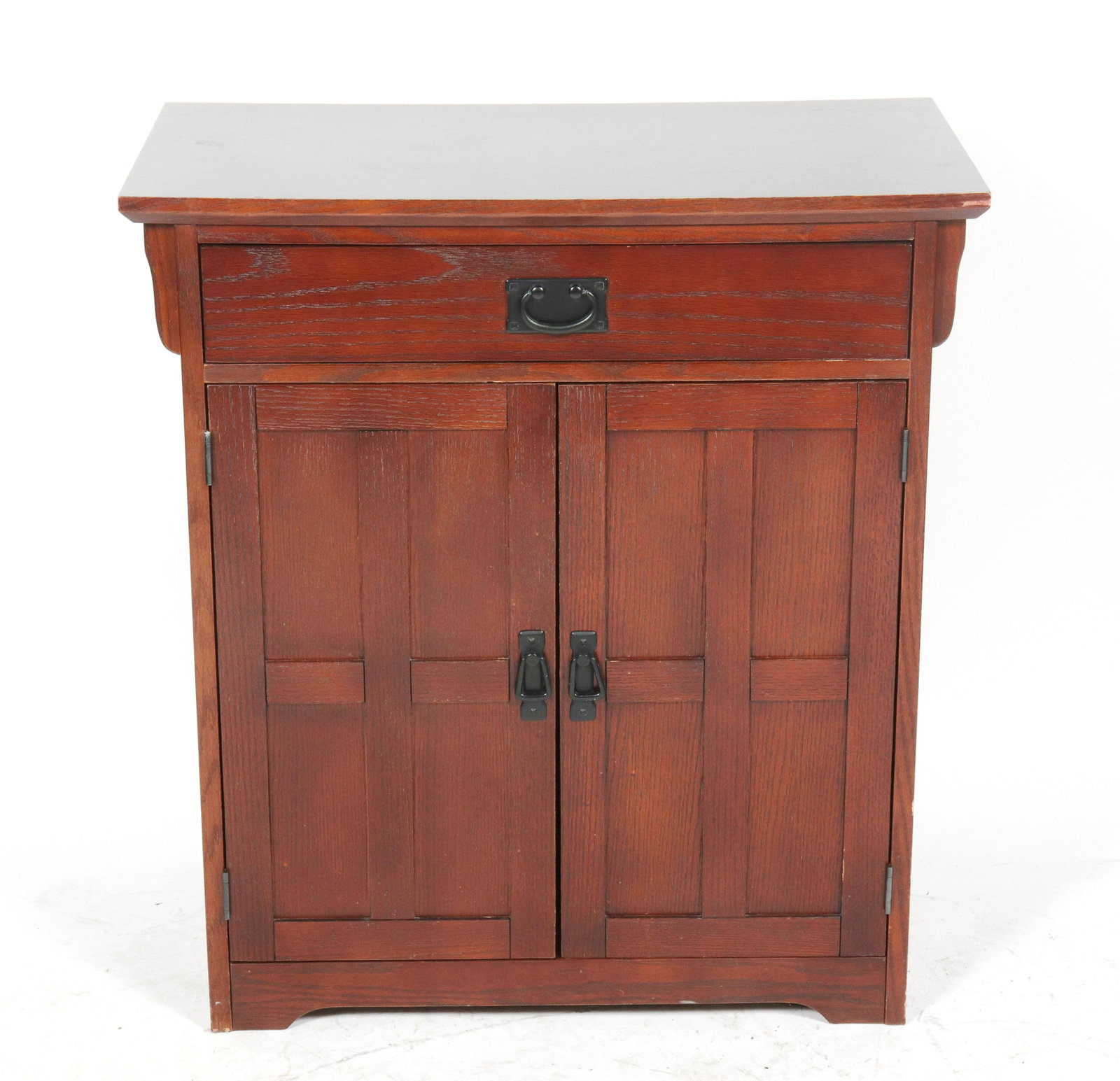 Stickley Style Mission Nightstand: Arts & Crafts manner Mission wood nightstand with top drawer and lower double door cabinet. 39" H x 31" W x 16" D.