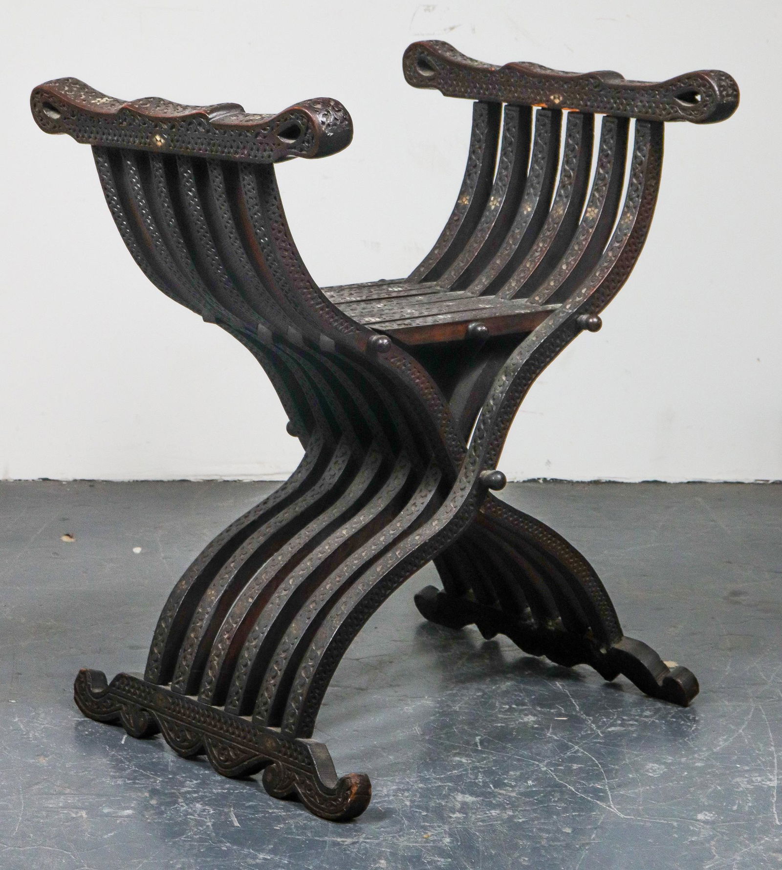 Syrian Mother of Pearl Inlay Curule Bench, 19th C. (1 of 8)