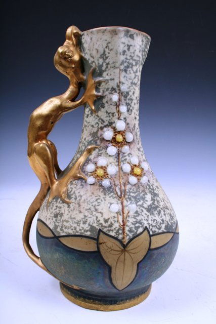 Wahliss Amphora Vase w/Applied Dragon and Jewels: Ernst Wahliss Art-Nouveau-style ceramic vase, hand painted with applied gilding, jewel ornaments, and dragon-shaped handles, Austria c.1892-1910; marked on the bottom with a serial number and the crow